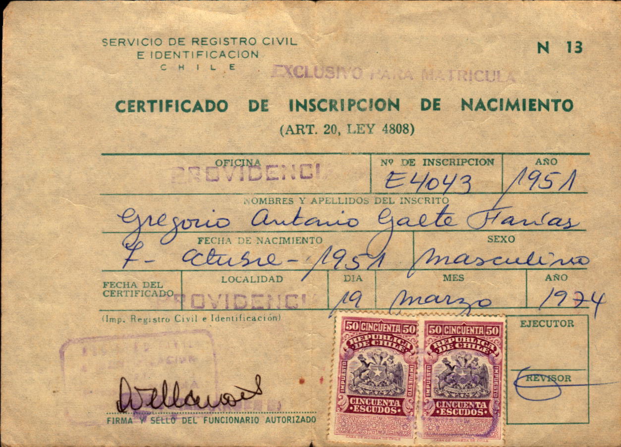 Certificado de nacimiento de Gregorio Gaete