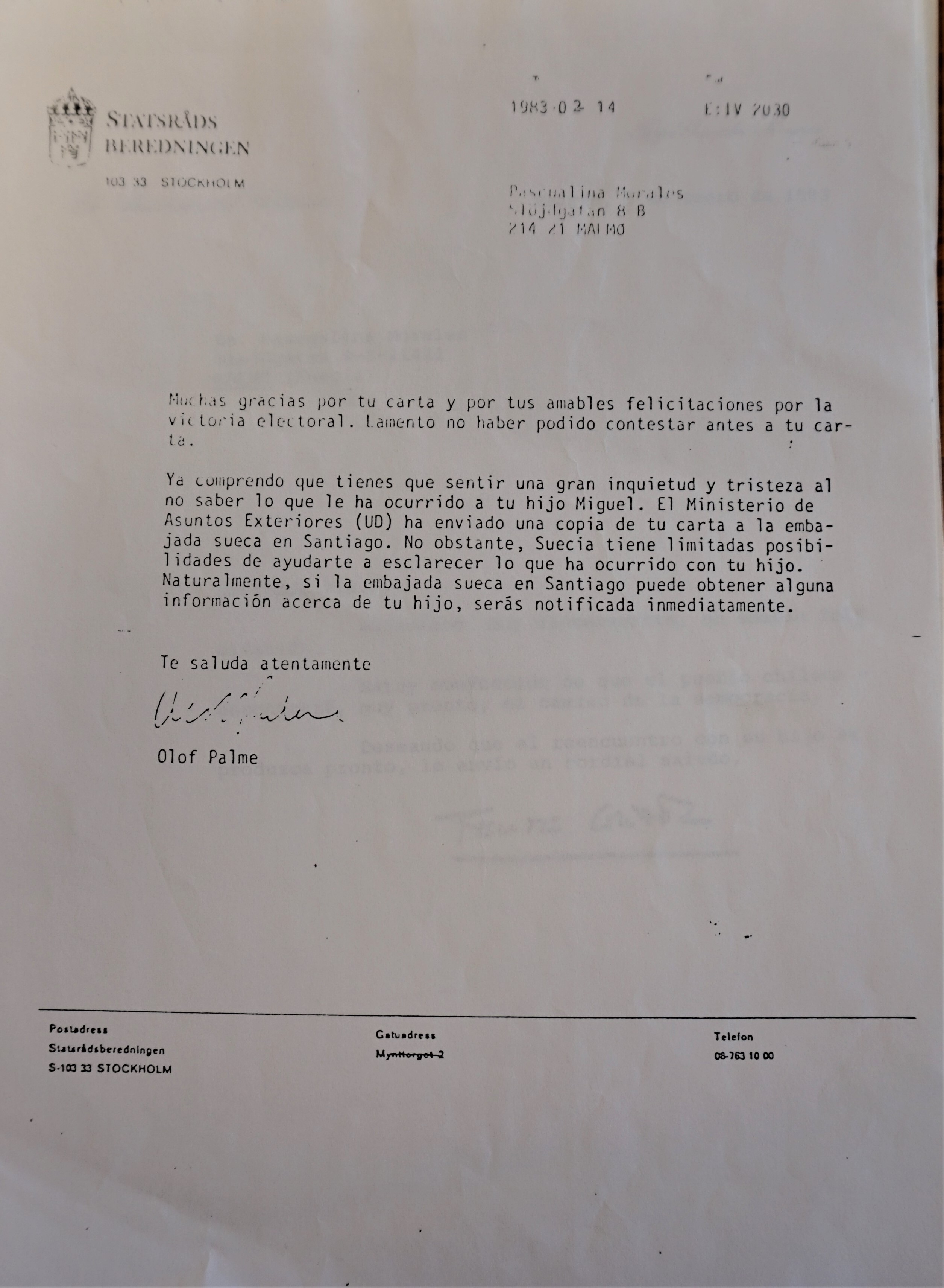 Carta de Olof Palme a Pascualina Morales