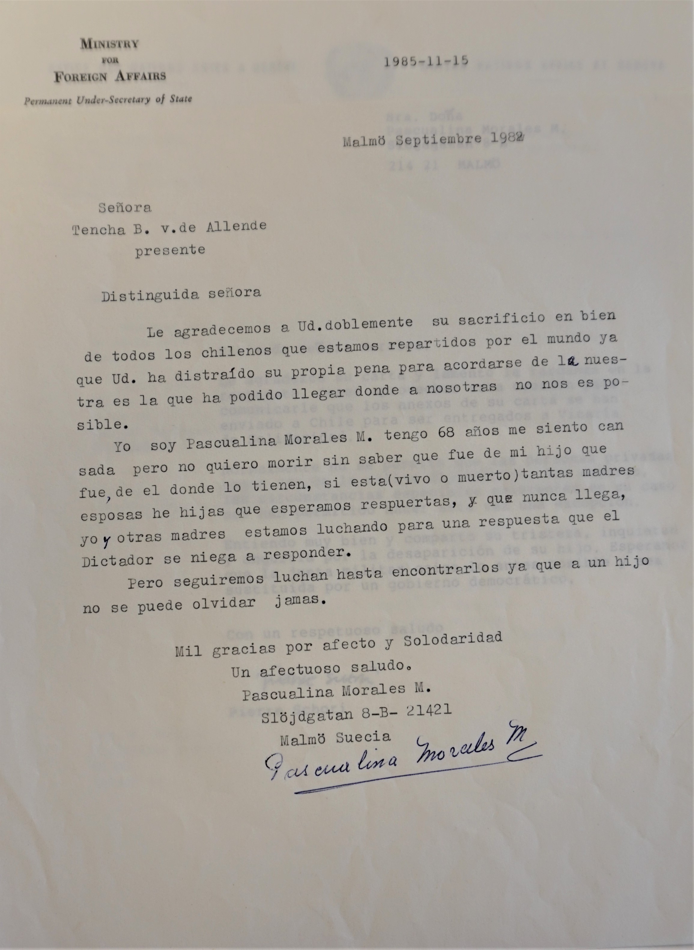 Carta de Pascualina a Hortensia Bussi, viuda de Allende