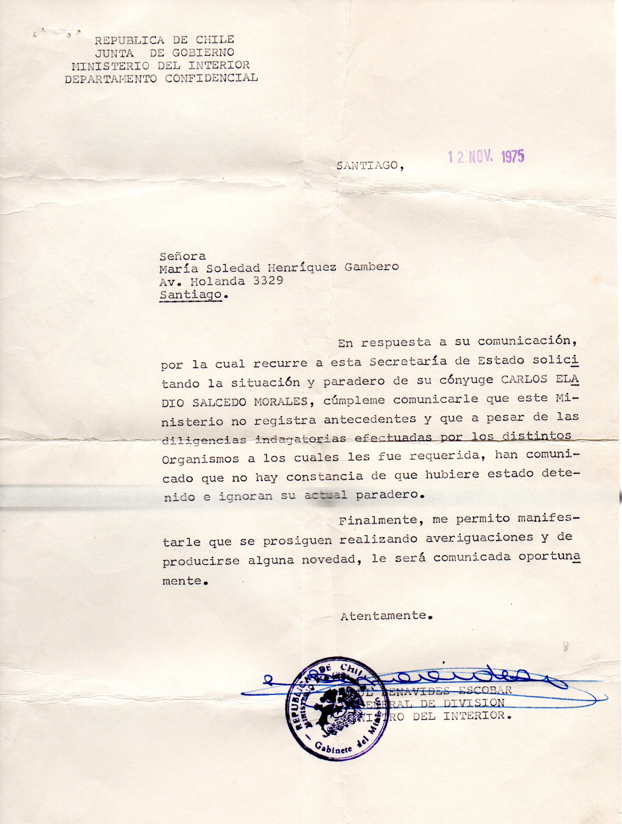 Carta de respuesta ante solicitud de información sobre el paradero de Carlos Salcedo