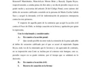 Fallo de la Corte de Apelaciones en respuesta a recurso de casación por sentencia por delito de secuestro de María Cecilia Labrín Saso