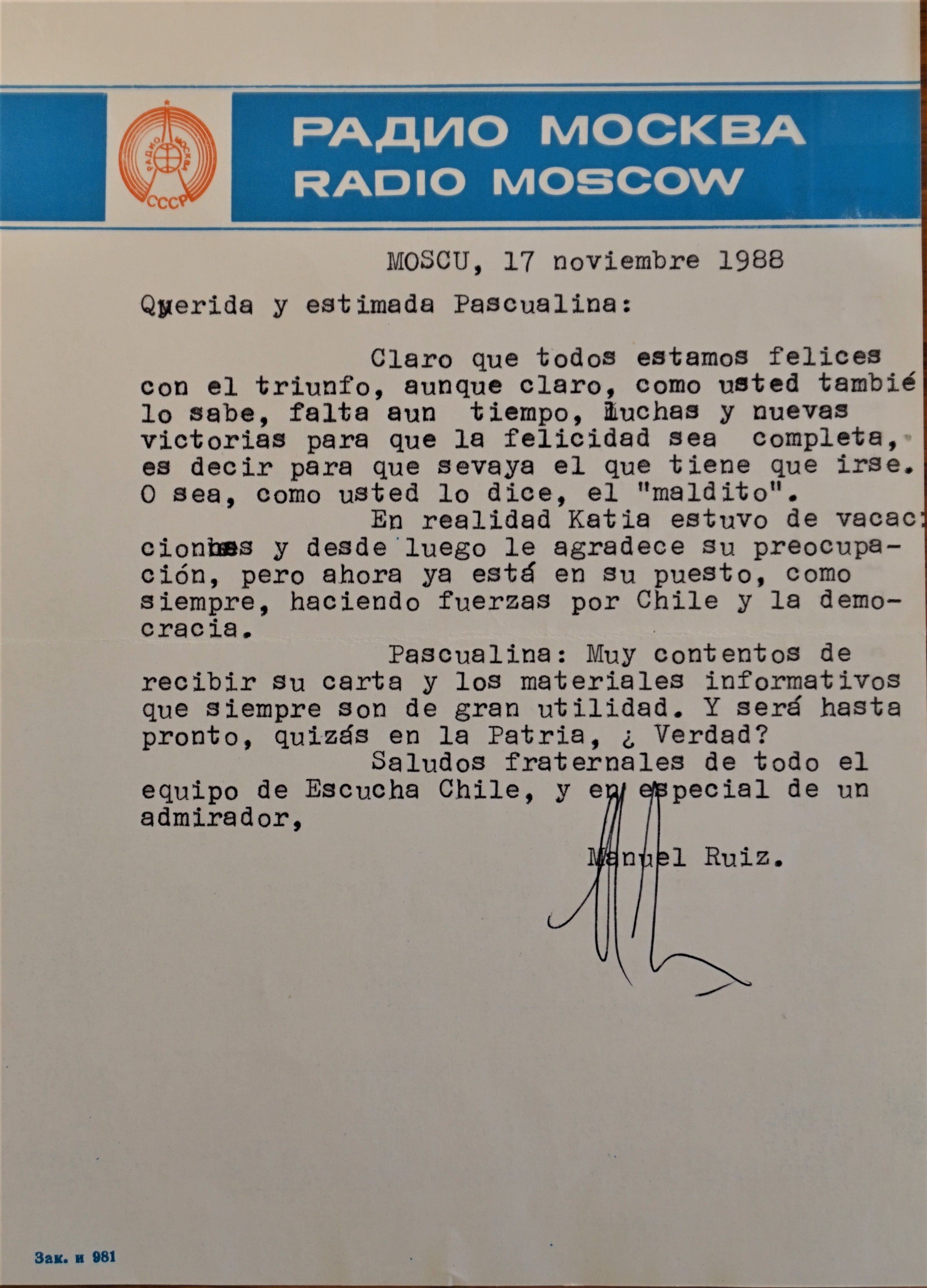 Carta de Radio Moscú a Pascualina Morales tras el plebiscito de 1988