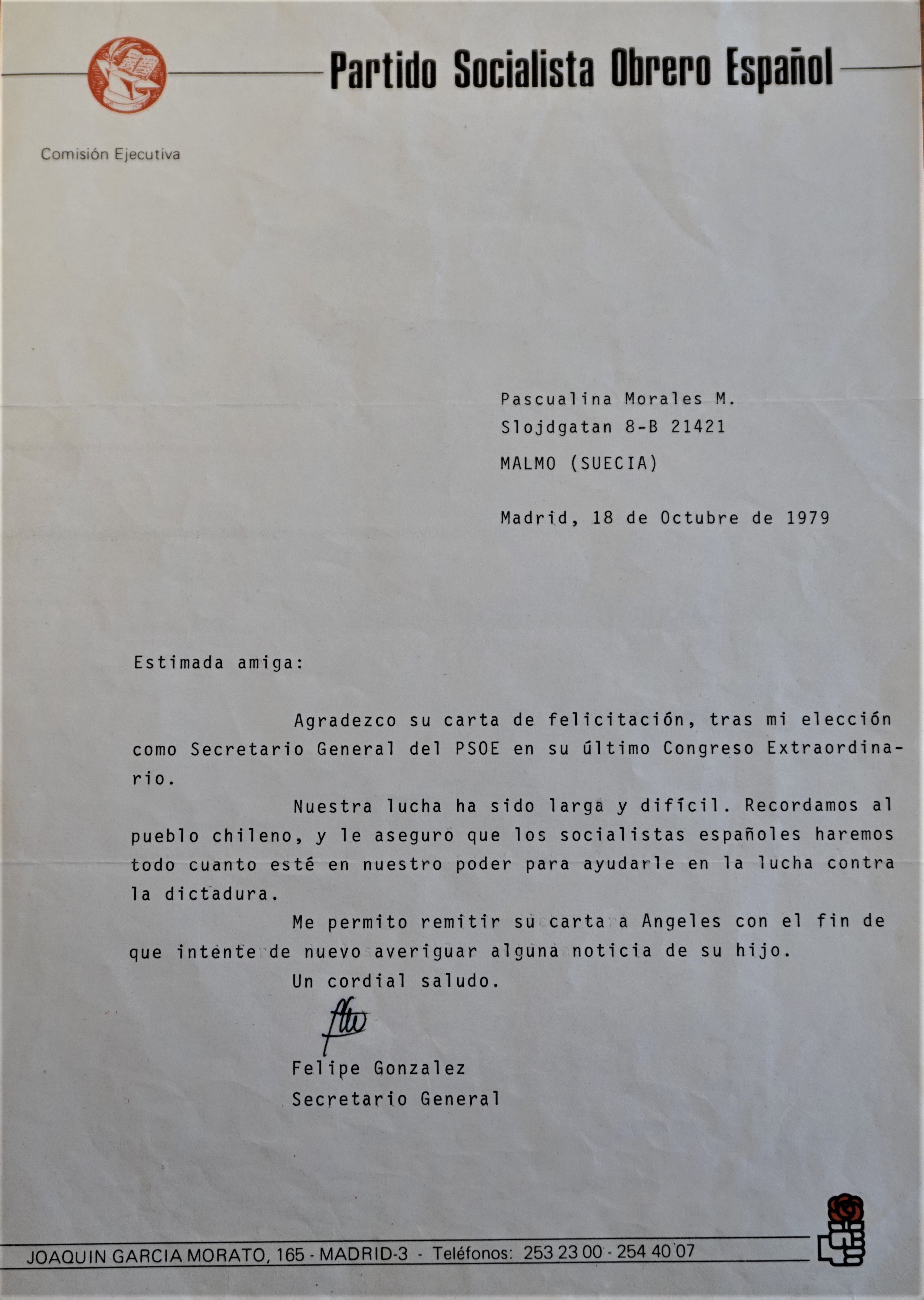 Carta del Partido Obrero Socialista Español a Pascualina Morales