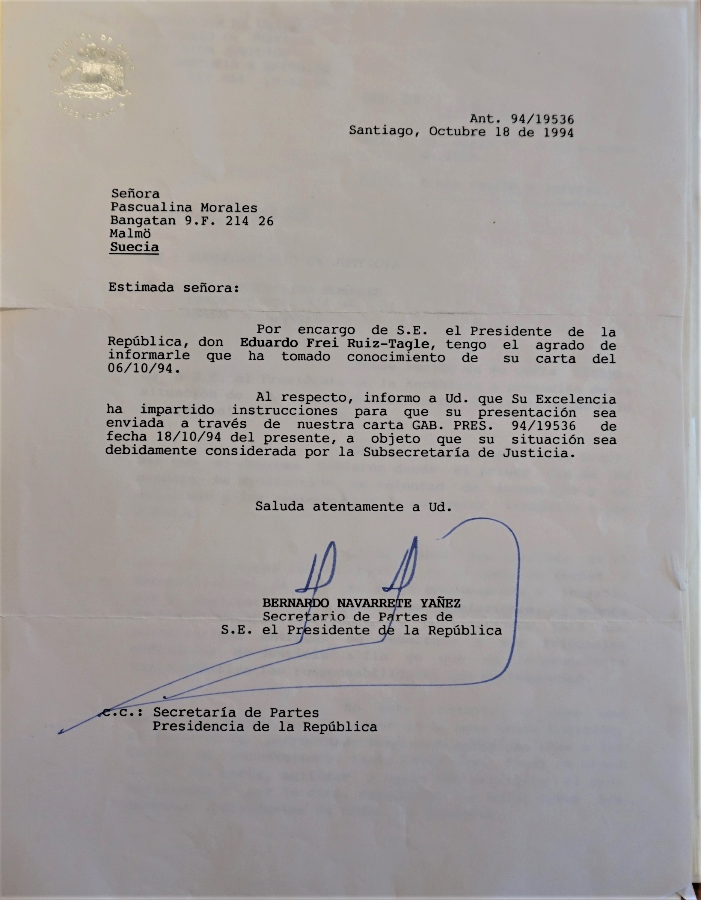 Carta del Secretario de Partes del Presidente Eduardo Frei a Pascualina Morales