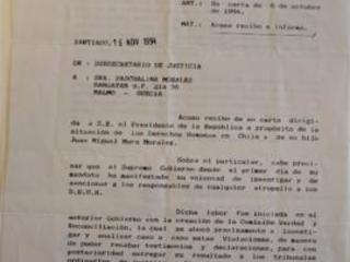 Carta del Subsecretario de Justicia a Pascualina Morales por el caso de Juan Miguel Mura